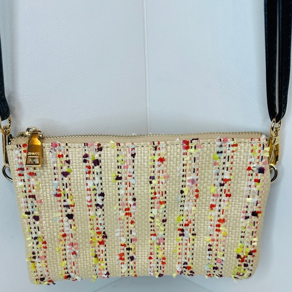 Jen & Co. Handbags - Jen & Co. Multi Stripe & Vegan Leather 5 Compartment Crossbody Purse